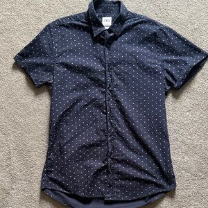 Zara Men's Navy Blue Polka Dot Shirt - Large - Relaxed Fit